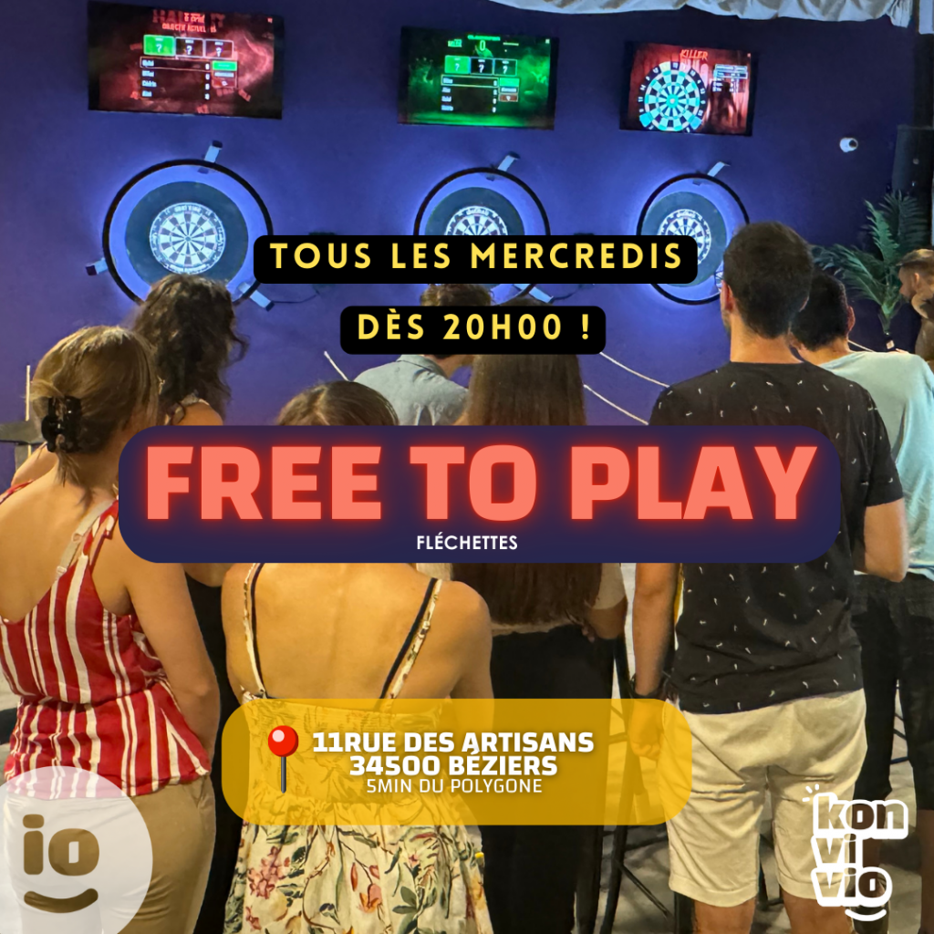 Les mercredis free to play chez Konvivio Béziers spéciale fléchettes dès 20h00, profitez d'un tournoi de fléchettes gratuits.