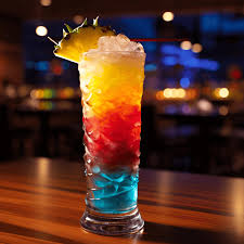 Mocktail Rainbow color avec Orange, ananas, passion, jus de citron et grenadine