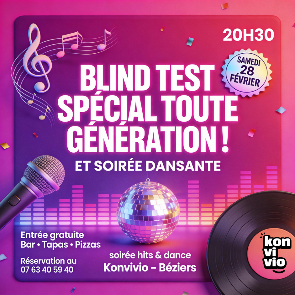 Venez profitez d'un blindtest musique toute génération au Konvivio bar d'ambiance à Béziers.