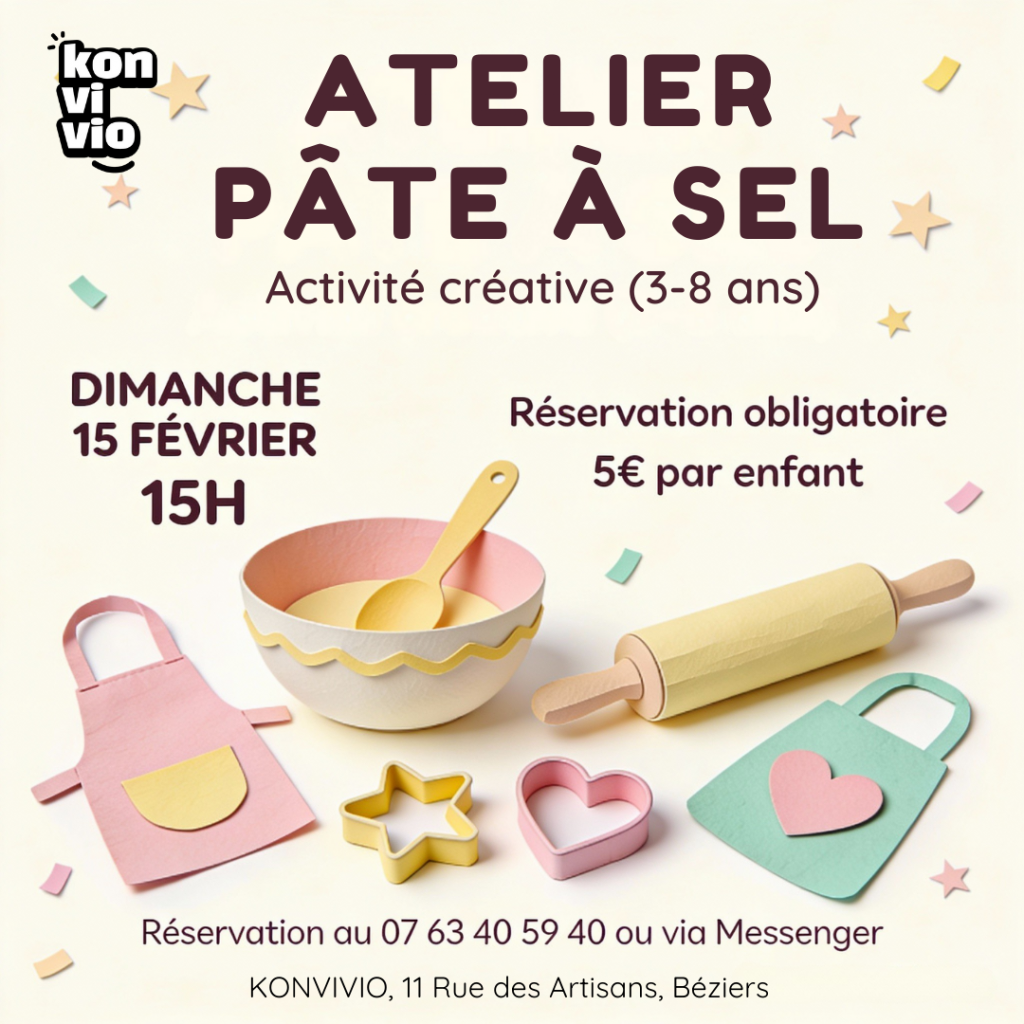 Atelier pâte à sel enfant sur réservation au Konvivio Béziers.