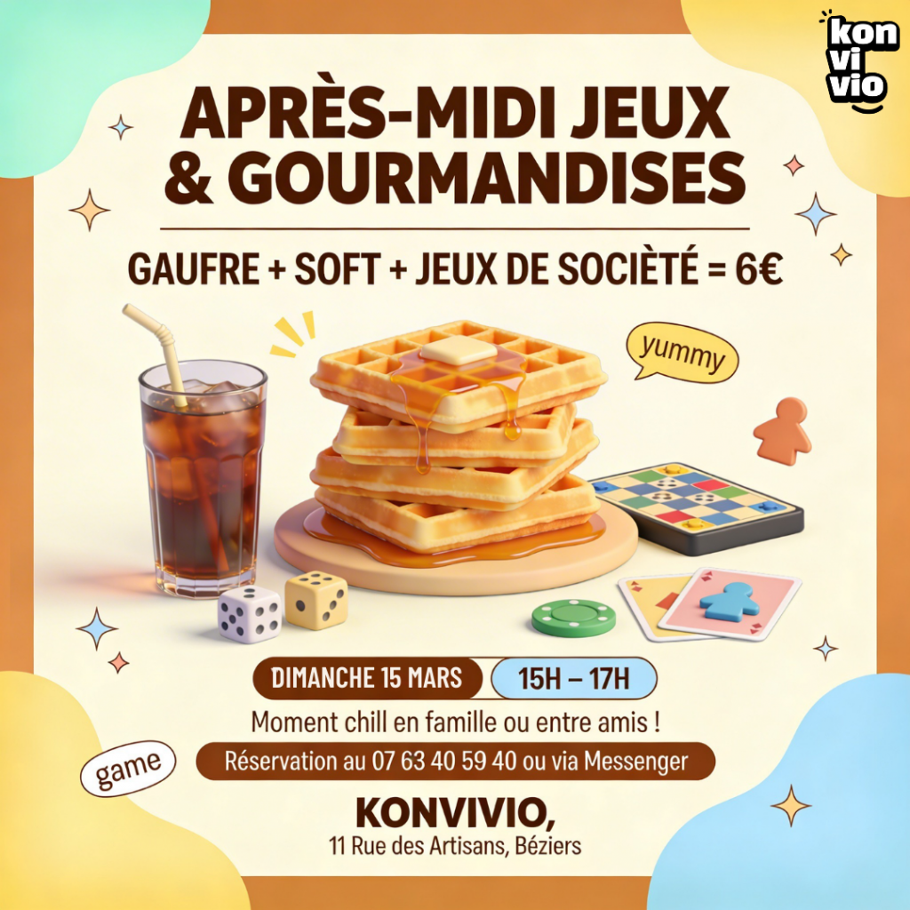 Au Konvivio Béziers, on vous attend pour une après midi jeux de société et gauffre
