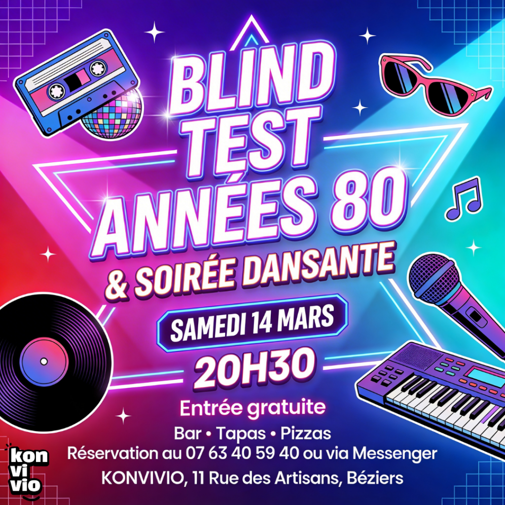 au bar d'ambiance Konvivio, venez profitez d'une soirée entre amis avec le blindtest années 80