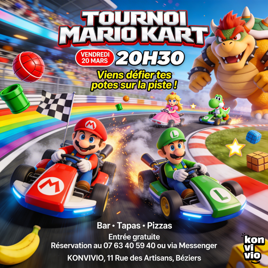 Venez défiez vos amis dans un tournoi mario Kart chez Konvivio Béziers