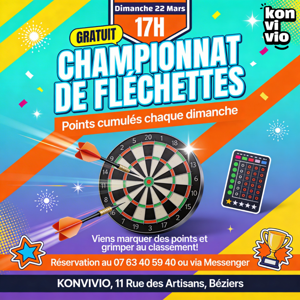 Une envie de jouer au fléchettes à béziers ? rendez-vous au Konvivio pour un championnat de fléchettes gratuit avec cumule des points de chaque dimanche