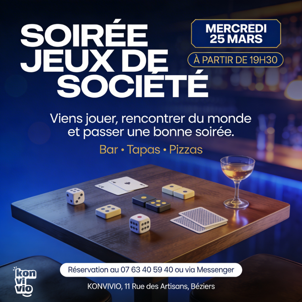 Venez découvrir konvivio l'endroit des activités et des bons moment avec notre soirée jeux de société