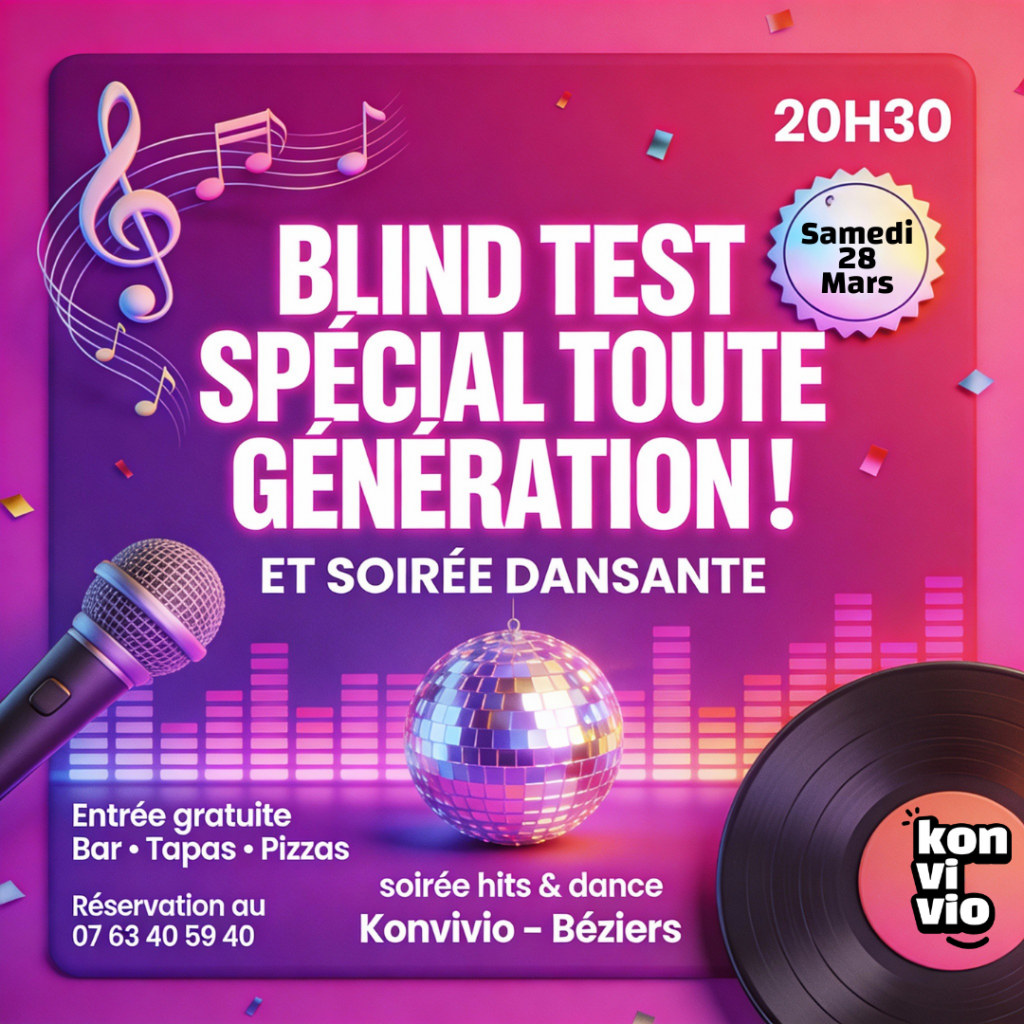 Venez découvrir le bar ambiance Konvivio Béziers avec une soirée blindtest toute génération et soirée dansante