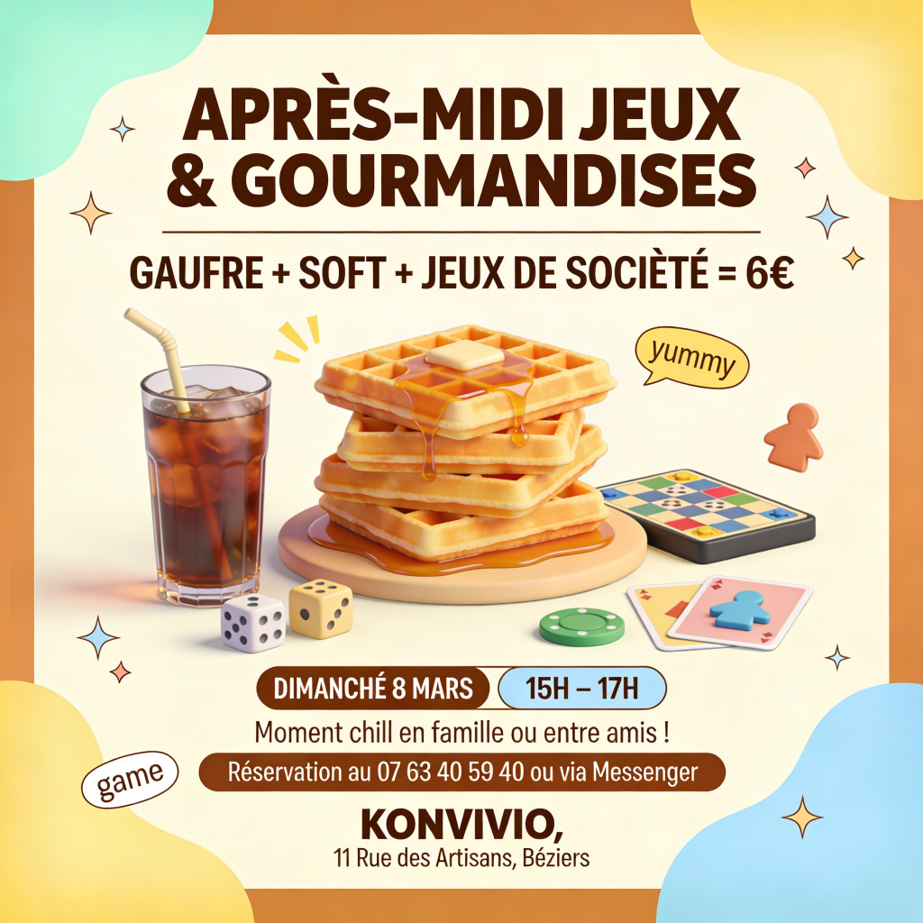 Chez Konvivio Béziers, profitez d'un dimanche en famille, après midi jeux et gourmandise, soft, gaufre et jeux de société