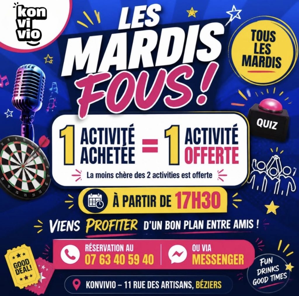 Une activité achetée la deuxième offerte chez konvivio béziers