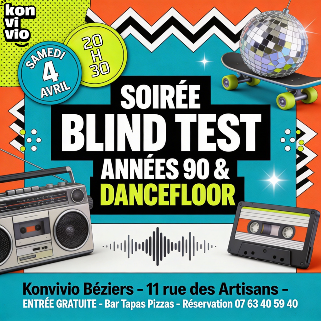 Profitez de nos tapas et cocktail autour de notre soirée du samedi soir blindtest années 90 et soirée dansante.