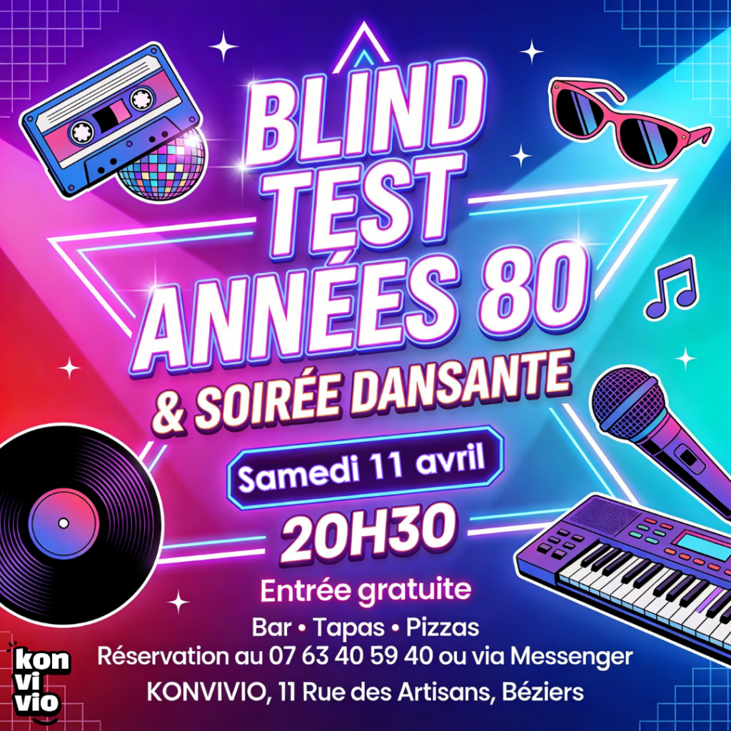 Profitez d'un blindtest endiablé années 80 et venez vous déhancher sur la piste avec notre soirée dansante au Konvivio à Béziers