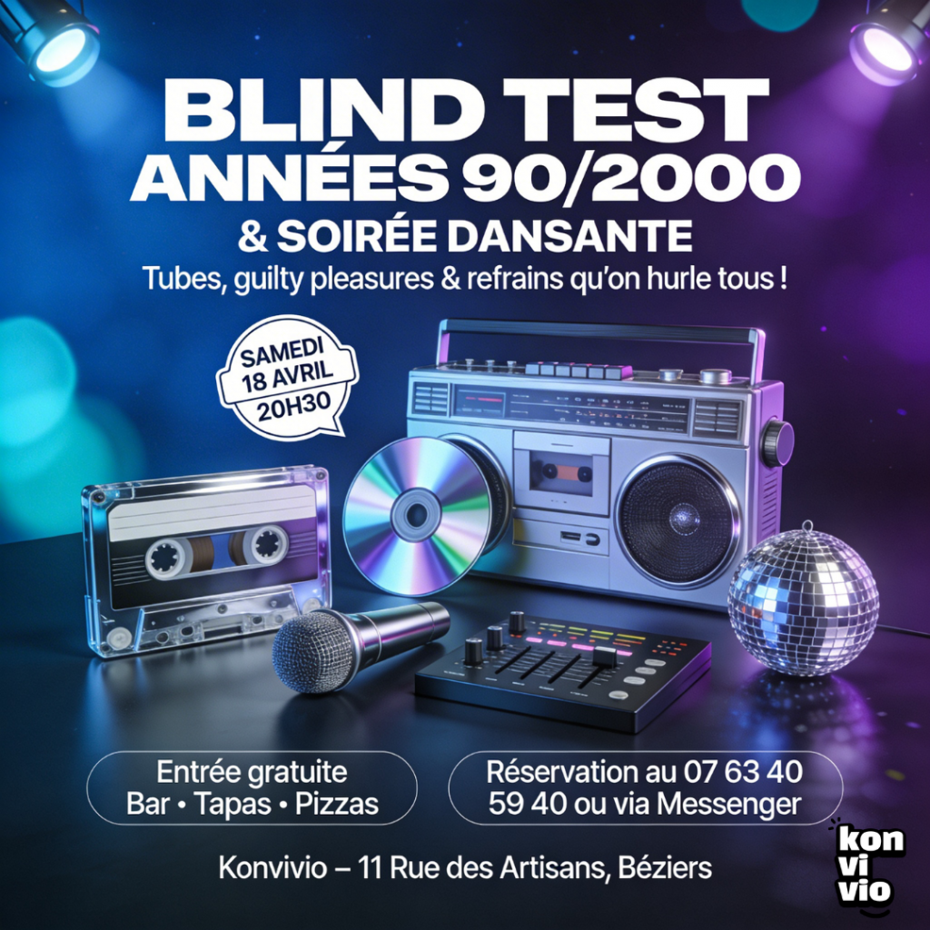Venez retrouver vos meilleurs musiques nostalgiques avec le blindtest 90/2000 au konvivio Béziers