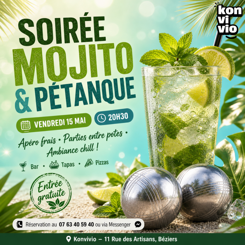 Venez profitez de nos cocktail mojito et de notre terrain de pétanque pour passer une soirée comme on les aime dans le sud