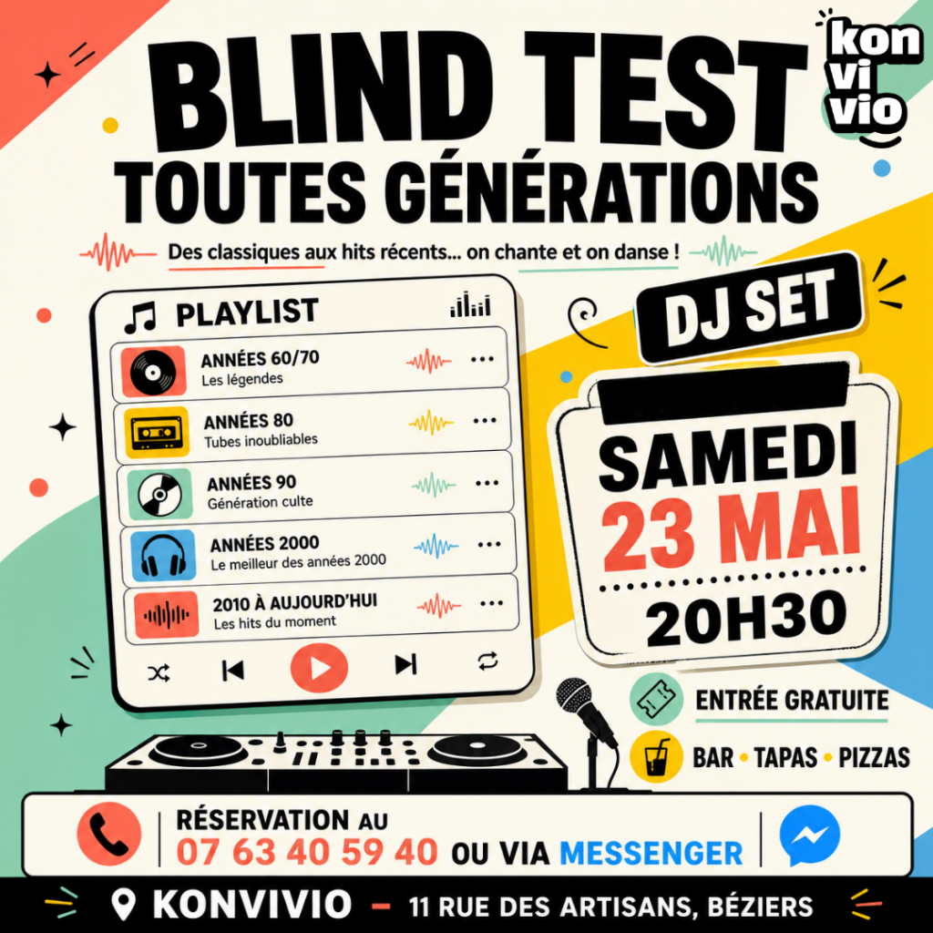 A konvivio Béziers, venez tester le blindtest toutes générations en famille pour ambiance tout le monde !