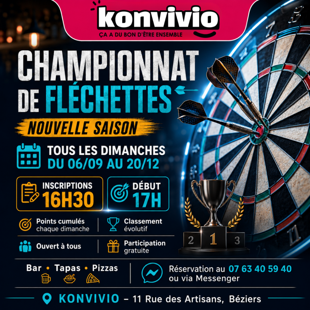 participez au championnat de fléchettes du Konvivio Béziers tous les dimanche